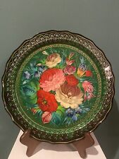 Vtg Zhostovo Russian Hand Painted Metal Tray Platter Rose Flowers ~12” Signed picture