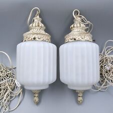 Set of 2 Vintage MCM Swag Pendant Hanging Lamp Light Chain Ribbed Glass picture