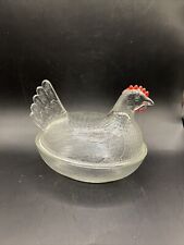 Vintage Hen on Nest Clear Glass Covered Trinket Dish Rooster Candy Dish picture