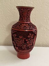 Vintage Chinese Cinnabar Vase w/ Floral Decoration picture