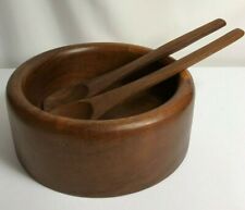 Vintage Mid-Century Genuine Teak Wood Salad Bowl w/Servers~Good Wood~Thick Sides picture