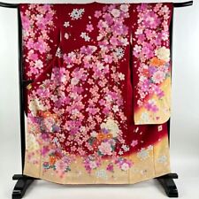 63.8inc Japanese Kimono SILK FURISODE There is a signature Peony Red picture