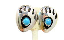 Native American Bear Paw Earrings Navajo Virginia John Turquoise Sterling  #64A picture