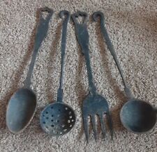 4 Piece Vintage Cast Iron Hanging Utensil Set Fork Spoon Ladle Strainer NO Rack picture