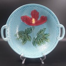 Antique Zell Baden LDBC Majolica Serving Bowl Teal Basket Weave Red Hibiscus picture