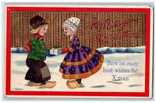 Christmas Postcard Dutch Kids With Gift Winter Scene Gel Gold Gilt 1914 Antique picture