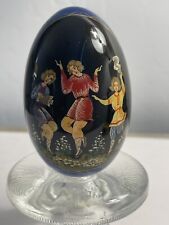 Vtg Russian Hand Painted Blue Lacquer Egg Art - Merry Dancers - Spring Scene '98 picture