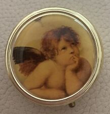Vintage Pill Box Brass Container -Cherub on the Lid Victorian Style Round France picture