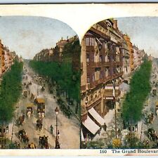 c1900s Paris, France Stereo Card Grand Boulevard Downtown Horse Carriages V12 picture
