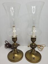 Vtg Pair Antique Etched Glass Hurricane Mantle Boudoir Ornate Brass Lamps Candle picture