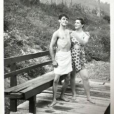 VINTAGE PHOTO adorable affectionate young couple ~ bikini barefoot Chest  1940s picture