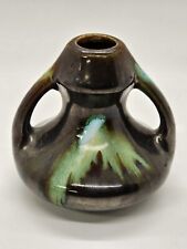Vtg Belgium Pottery Bud Vase Brown With Green Glaze Double Handle 3.25 In Tall picture