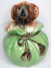 Vtg AUSTRIA Majolica Pottery Dog Hound Pipe Tobacco Humidor Jar Cookie Green Bag picture