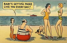 Comic Postcard Risque Pinup Two Sexy Women Beach Nice Legs Swimsuit 1940s VJ picture