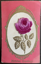 Postcard Vintage Birthday Greetings Embossed with Fabric Rose picture