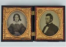 ANTIQUE 1860's 1/6 PLATE (2) AMBROTYPE TINTYPE MAN & WOMEN GUTTA PERCHA FRAME picture