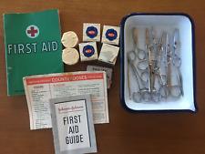 Lot Vintage Medical Equipment: TRAY WITH SCISSORS, FORCEPS, GAUZE AND F1ST AID picture