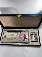 Late 40s Japanese Cigarette Case & Lighter Silvertone In Orig Box picture