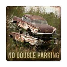 NO DOUBLE PARKING 1950s CARS STACKED UP HEAVY DUTY USA MADE METAL ADV SIGN picture