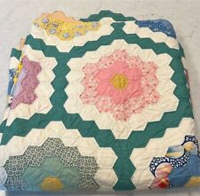 American Vintage Handmade Quilt Grandmothers Garden Hexagon Stitched Feedsack picture