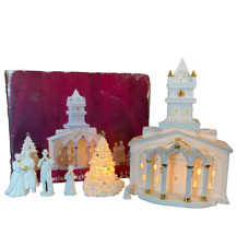 Vintage White Porcelain Lighted Church 8 Piece Set Chirstmas Holiday Gold Accent picture
