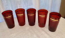 Set of 4 Vintage 1930s Ruby Red Glass Drink Tumblers Gold Band picture