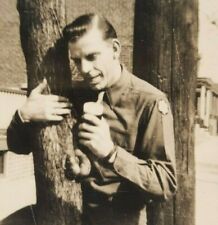 Vintage 1940s Photo WWII Soldier Tree Outside Philadelphia Row House  picture