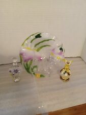 Beautiful Fused Glass Bowl With Two Jeweled Satin Glass Perfume Bottles picture