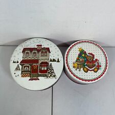 Vintage 2 Pack Retro Christmas Teddy Bear And House Design Metal Tins picture