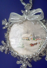 Hand Made Victorian Chic Ornament - SNOW COVERED CHURCH ON LARGE SNOWFLAKE picture