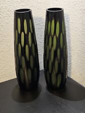 Pair Of Mid Century Tall Green Cut Murano Cased Glass Vases picture