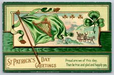 Postcard 1910  ST. PATRICK'S DAY GREETINGS Embossed Green Harp Flag Carraige 189 picture