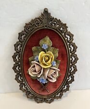 Vintage 3D Porcelain Roses Wall Hanging Ornate Gold Frame 8” X  5” Italy 1960’s picture