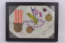  Antique WWI French Medals Lot A.E.F. Pin & Souvenir Silk Handkerchief in Case picture