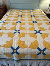 Vintage Handmade Blue & Yellow Tulip Quilt 75 x 92 Cotton Fabrics Hand Quilted picture