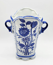 Vintage Blue and White Ceramic Hand Painted Flower Vase Planter Double Handled picture