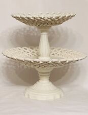 Vtg Spanish 2 Tier Ceramic Stand White and Light Blue Enamel Reticulated c. 1940 picture