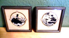 PR 1930'S WD FRAMED VICTORIAN SILHOUETTE  PAINTINGS  WOMAN W/BIRDS & IN GARDEN picture