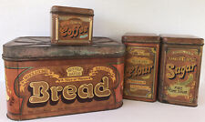 Vintage Tin Coffee Flour Sugar Bread Metal Kitchen Canister Set Of 4 picture