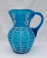 Vintage Blue  Satin Glass Large Pitcher Hand Painted Hand Blown  SEE VIDEO picture