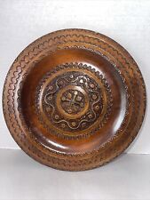 Vintage Polish Wood Plate Pyrography W/ Brass Inlay Folk Art 8” Floral Theme picture