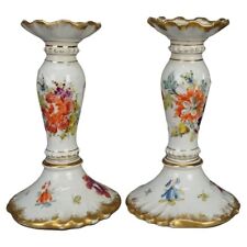 Antique German Hand Painted & Gilt Floral Porcelain Candlesticks, Berlin C1900 picture