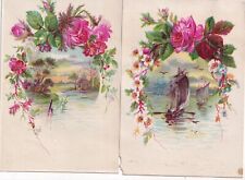 Antique Victorian Card Lot -Pink Roses River Ocean Scene 3x4.5 inches picture