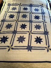 Vibrant Vintage Handsewn Eight Point Star Quilt 74”X 80” White Blue Yellow Queen picture