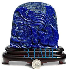 Natural Lapis Lazuli Gemstone Peony & Phoenix Carving / Sculpture Statue picture
