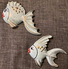 Set of 2 Vtg Ceramic Art Mold Angel Fish Blue/Gold Unmarked One-repair / Chip picture