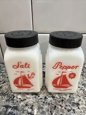 Vintage McKee Sailboat Salt And Pepper Shakers White Milkglass Black Lids picture