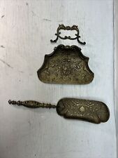 Antique Set Brass Crumb Catcher Trays Vintage Art Maid Cleaning History picture
