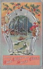 Postcard Christmas Horseshoe and Toys and Snowy Winter Scene  picture