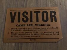 Vintage 1940s? CAMP LEE VIRGINIA US ARMY Automobile Visitor Pass  Placard picture